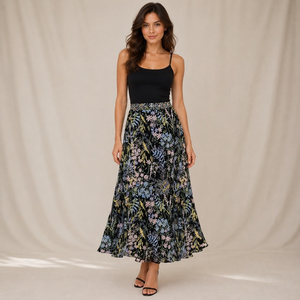 Calvin Klein Black Floral Ruffle Trim A-Line Midi Skirt Botanical Print Size 12